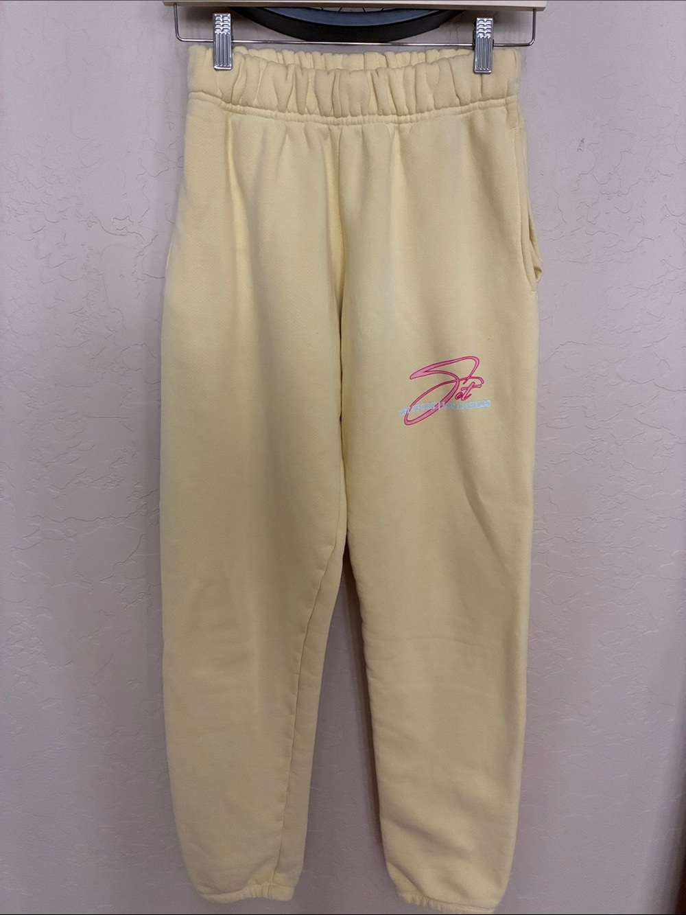 SET Active Soft Yellow Fleece Joggers with Pink Script Logo